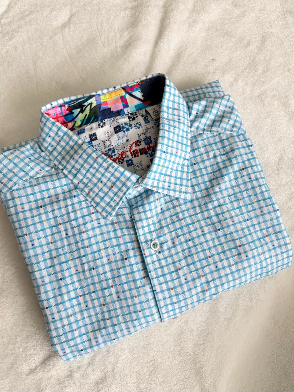 Robert Graham Light Blue Checked Button-Down Shirt with Multicolor Collar